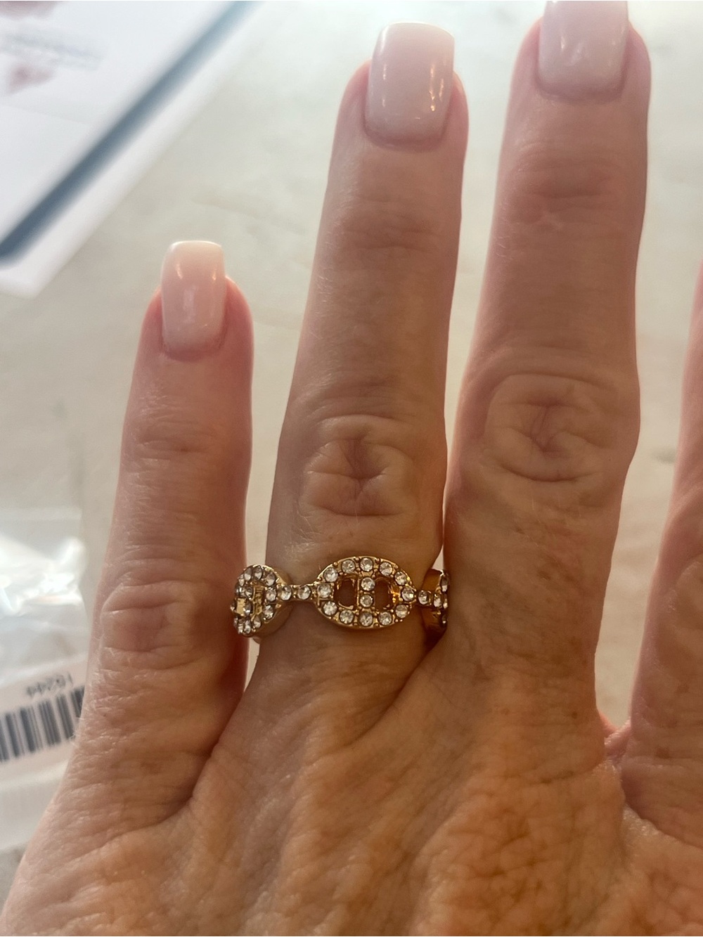 Source Unknown  Gold Link Ring with Clear Crystals